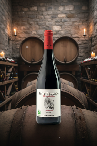 Flaske Terre Sauvage Pinot Noir 2023 fra Gilbert & Gaillard – økologisk rødvin fra Pays d'Oc, Frankrig